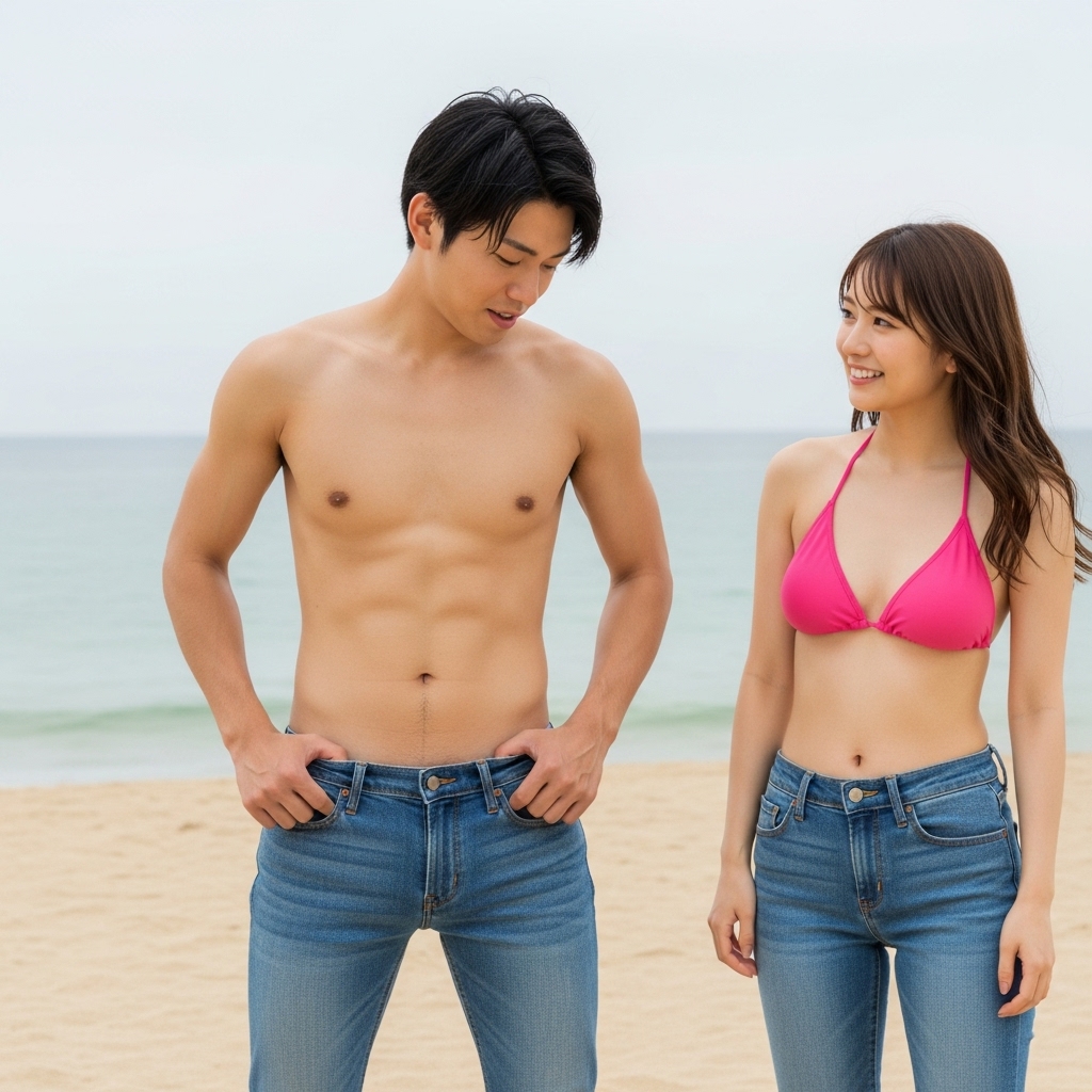 「優柔不断でごめん」「派手な水着より、スリムなジーンズだけのあなたって、とてもセクシーだし素敵よ」 （Whiskで作成）